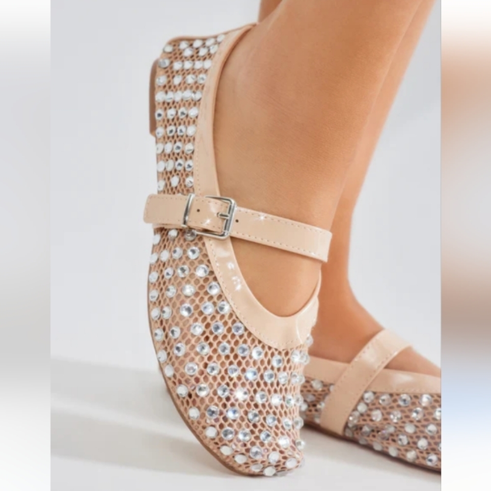Lemonade Tan Rhinestone Mesh Mary Jane Flats Size 7.5